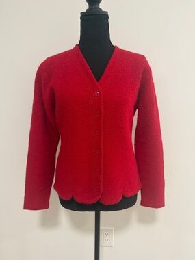 Vintage Pendleton cherry red 100% boiled wool cardigan scallop edge